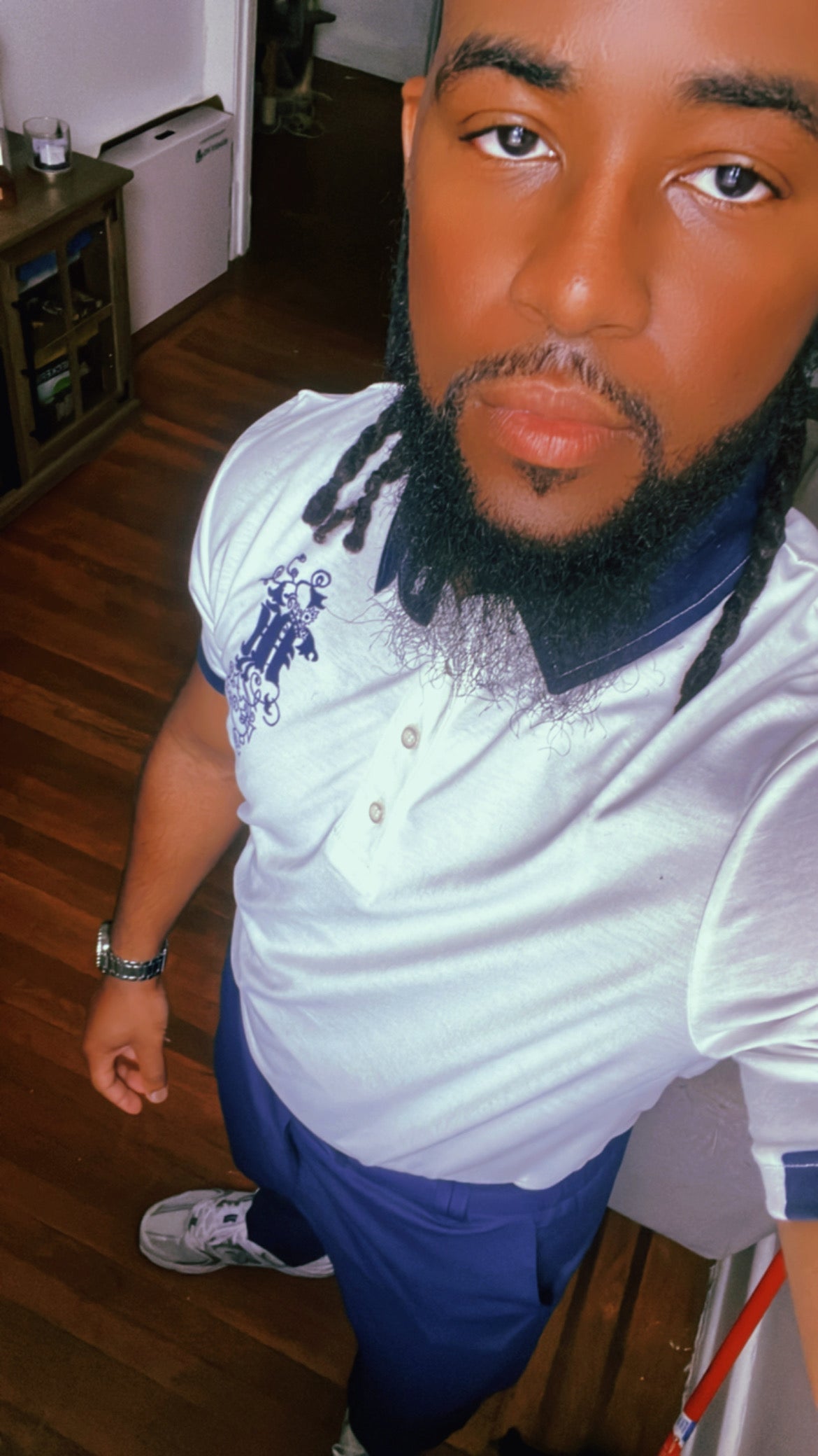 Maadish | Men’s slim fit white and navy blue polo