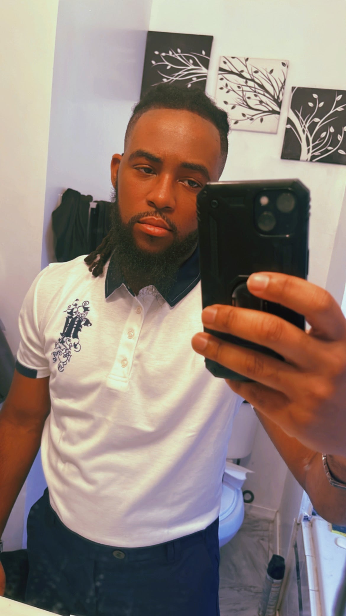Maadish | Men’s slim fit white and navy blue polo