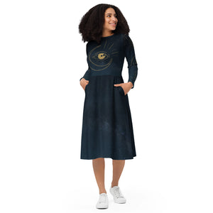 Maadish | Navy Blue & Moon Long Sleeve Midi Dress